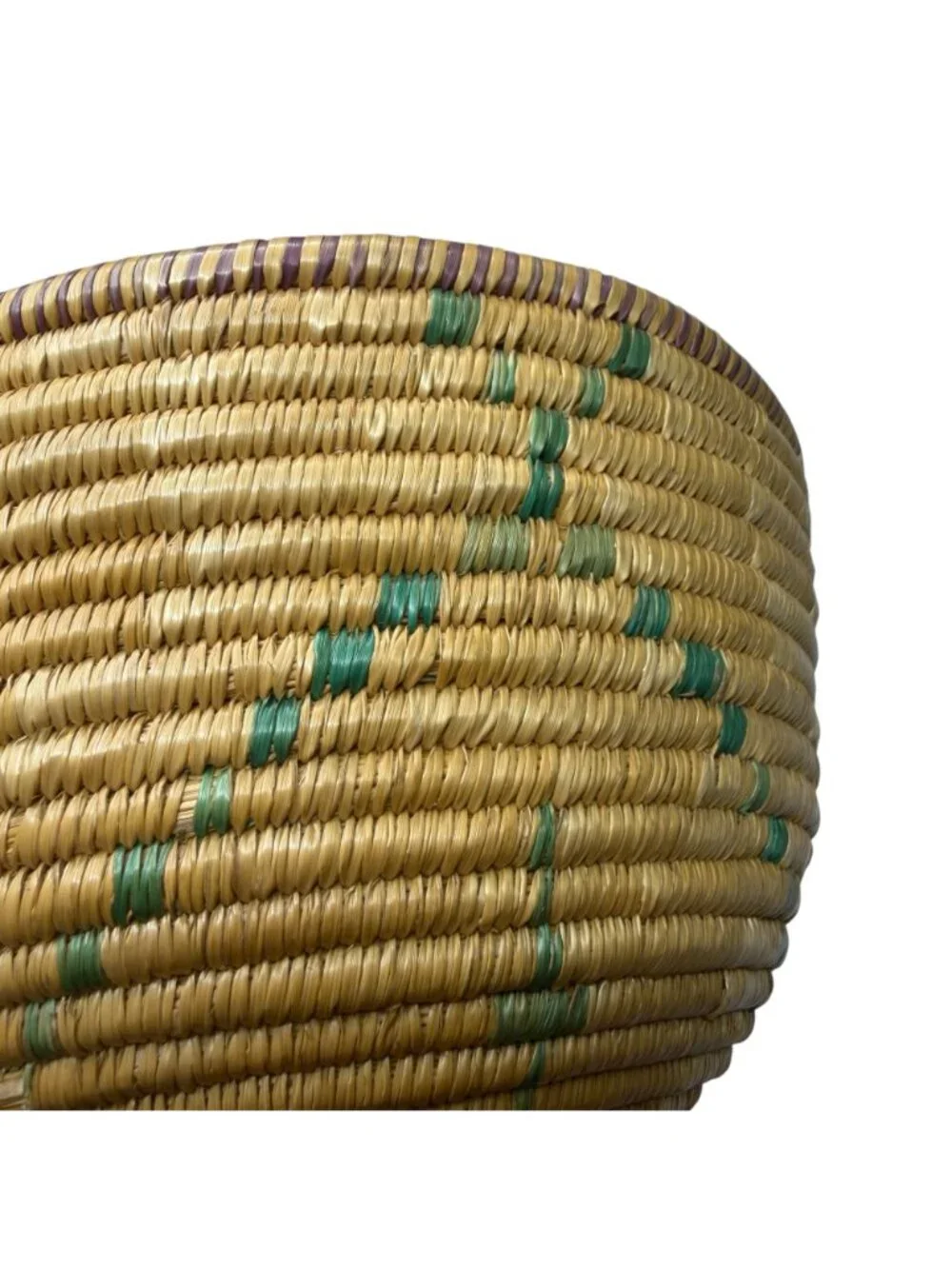 Vintage Handwoven Coiled Basket Bowl Geometric Green Accent Southwestern Boho 7.